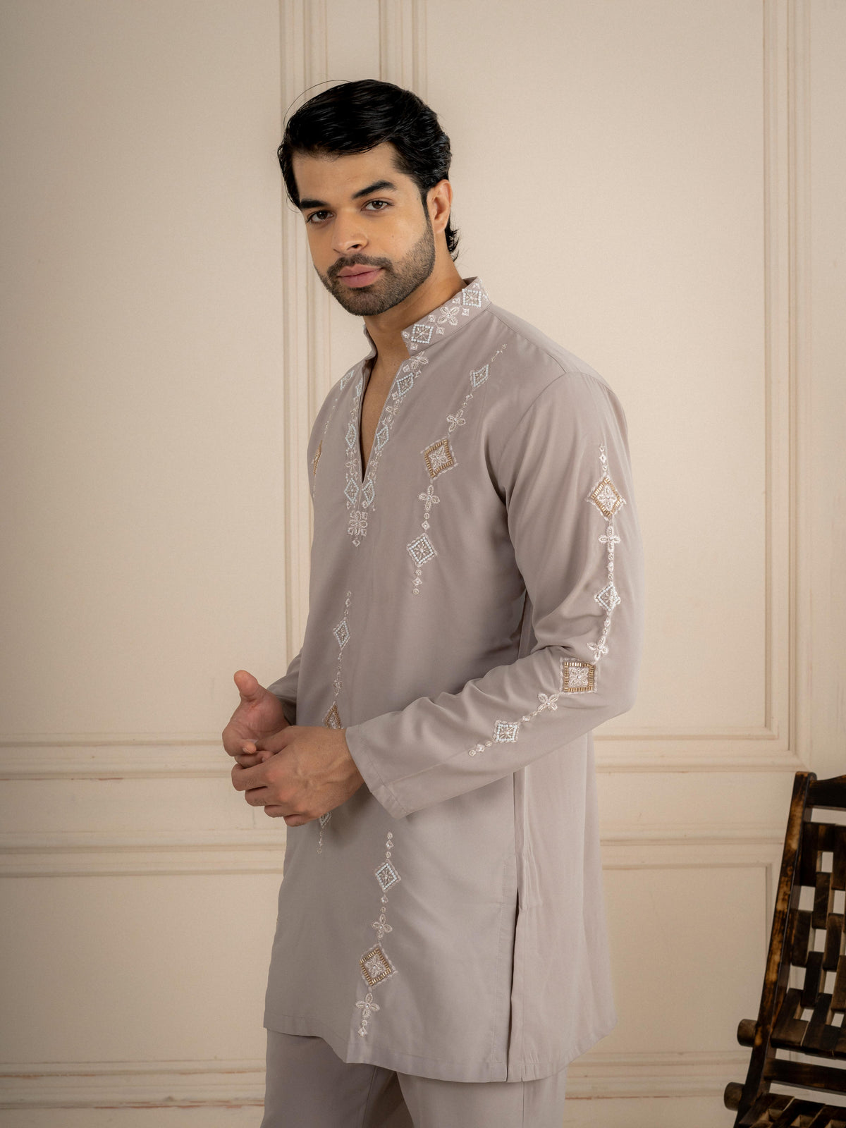 Gray Japanese Lachka Cutdana Kurta Set | Tulip Designer