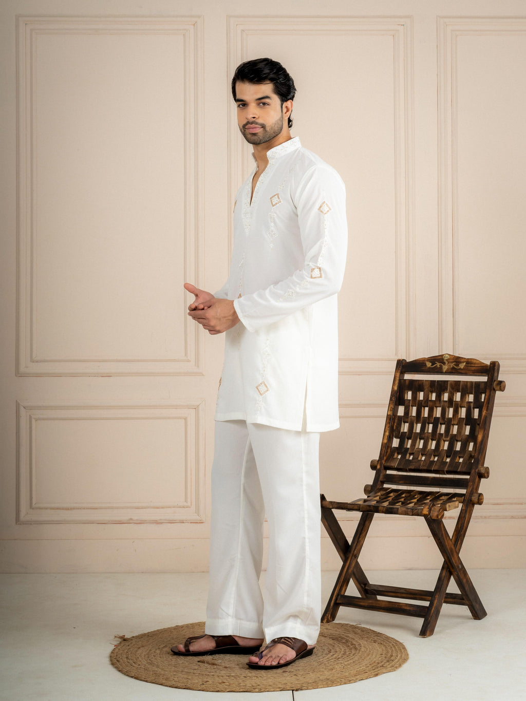 White Japanese Lachka Beads Kurta Set | Tulip Designer
