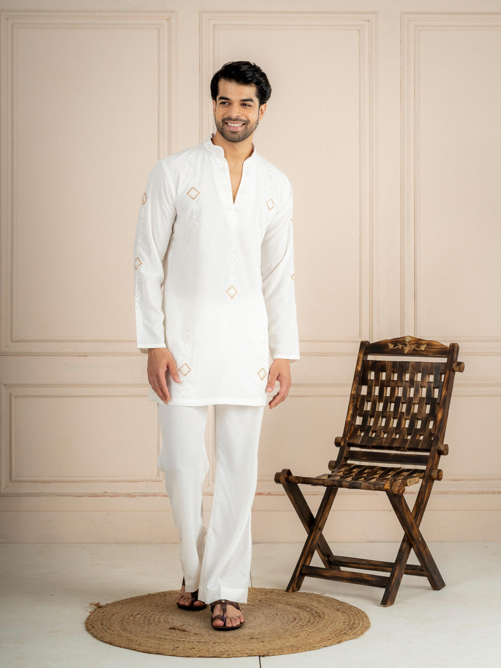 White Japanese Lachka Beads Kurta Set | Tulip Designer