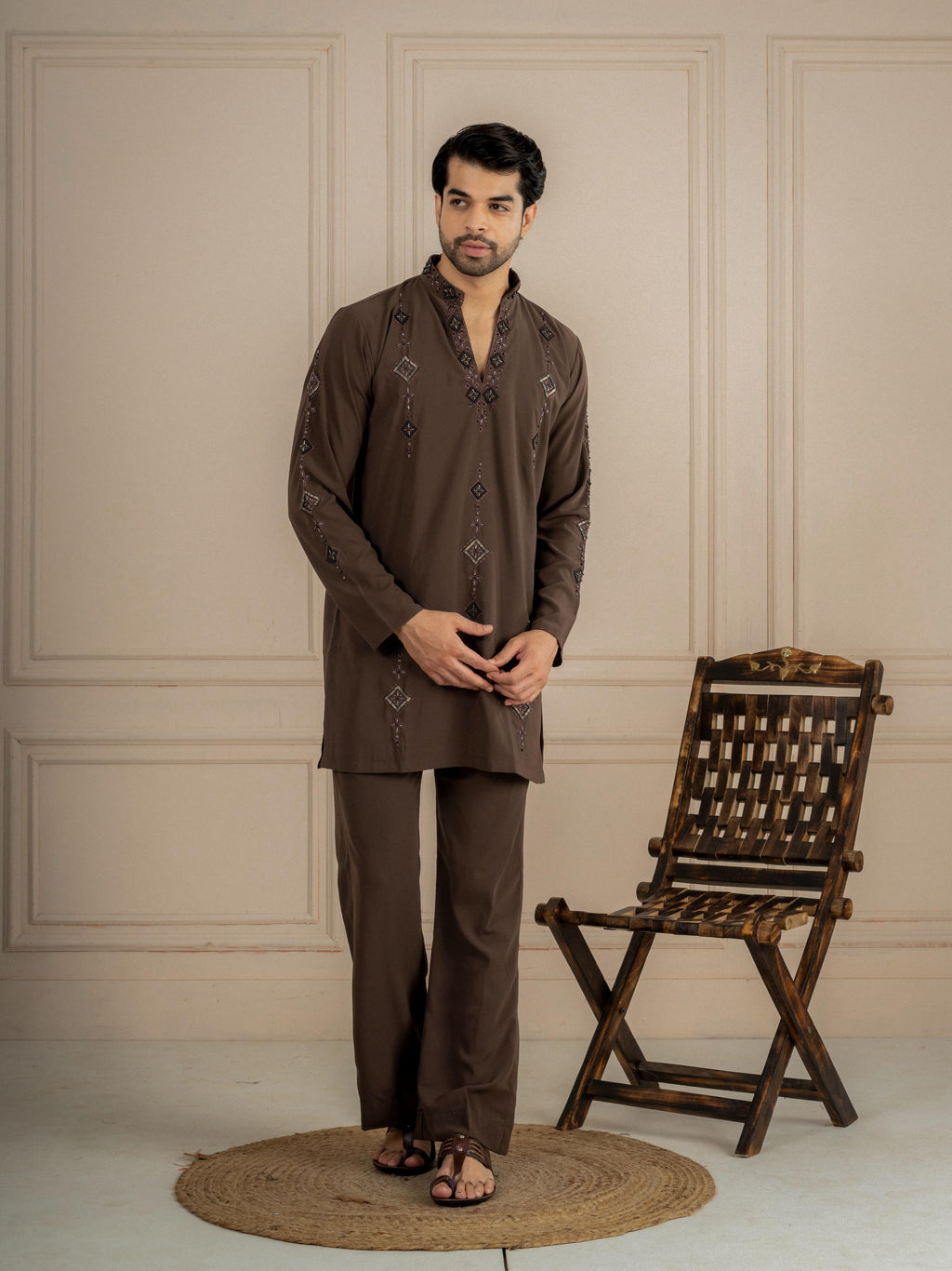 Brown Armani Lachka Beads Kurta Set For Men | Tulip Designer