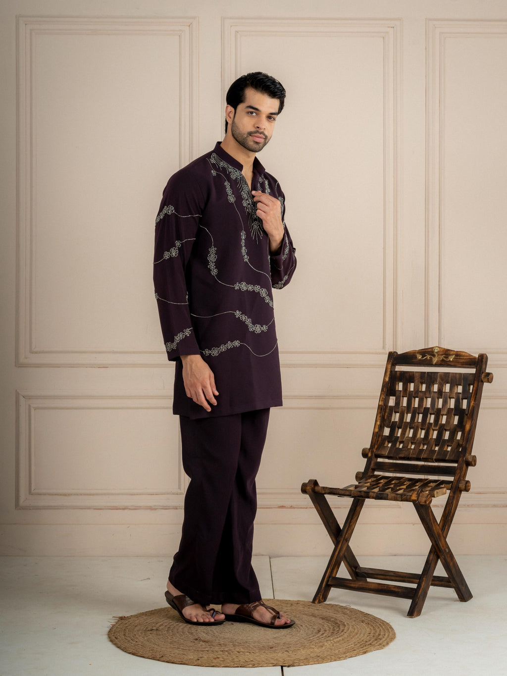 Dark Purple Armani Beads Mens Kurta Set | Tulip Designer