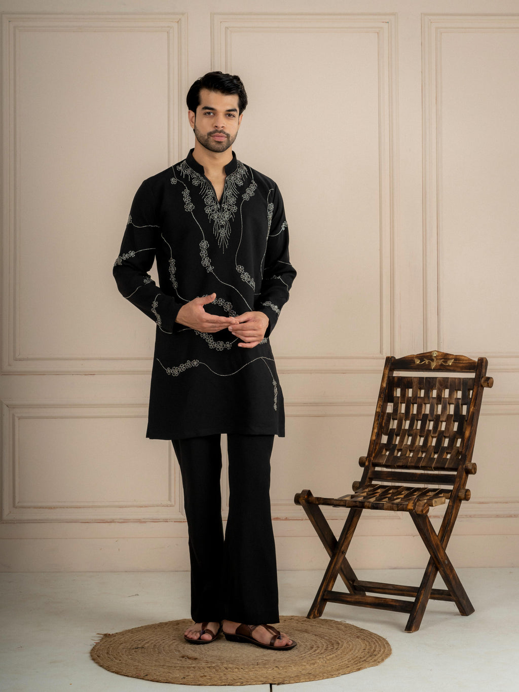 Black Japanese Armani Beads Kurta Set | Tulip Designer