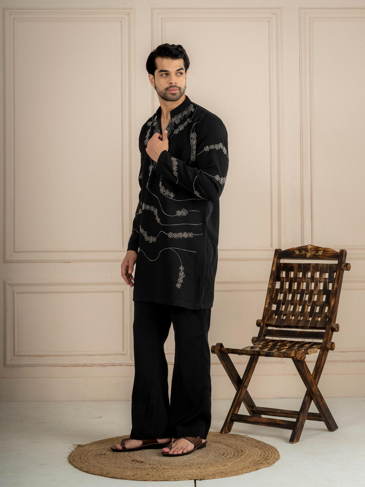 Black Japanese Armani Beads Kurta Set | Tulip Designer