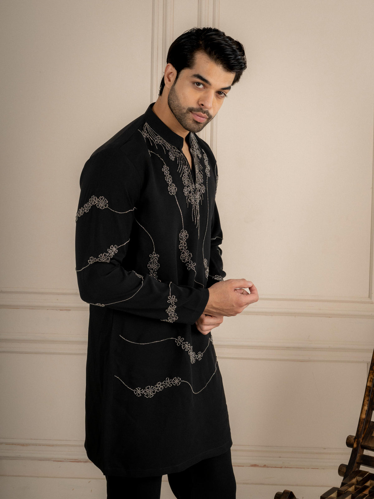 Black Japanese Armani Beads Kurta Set | Tulip Designer