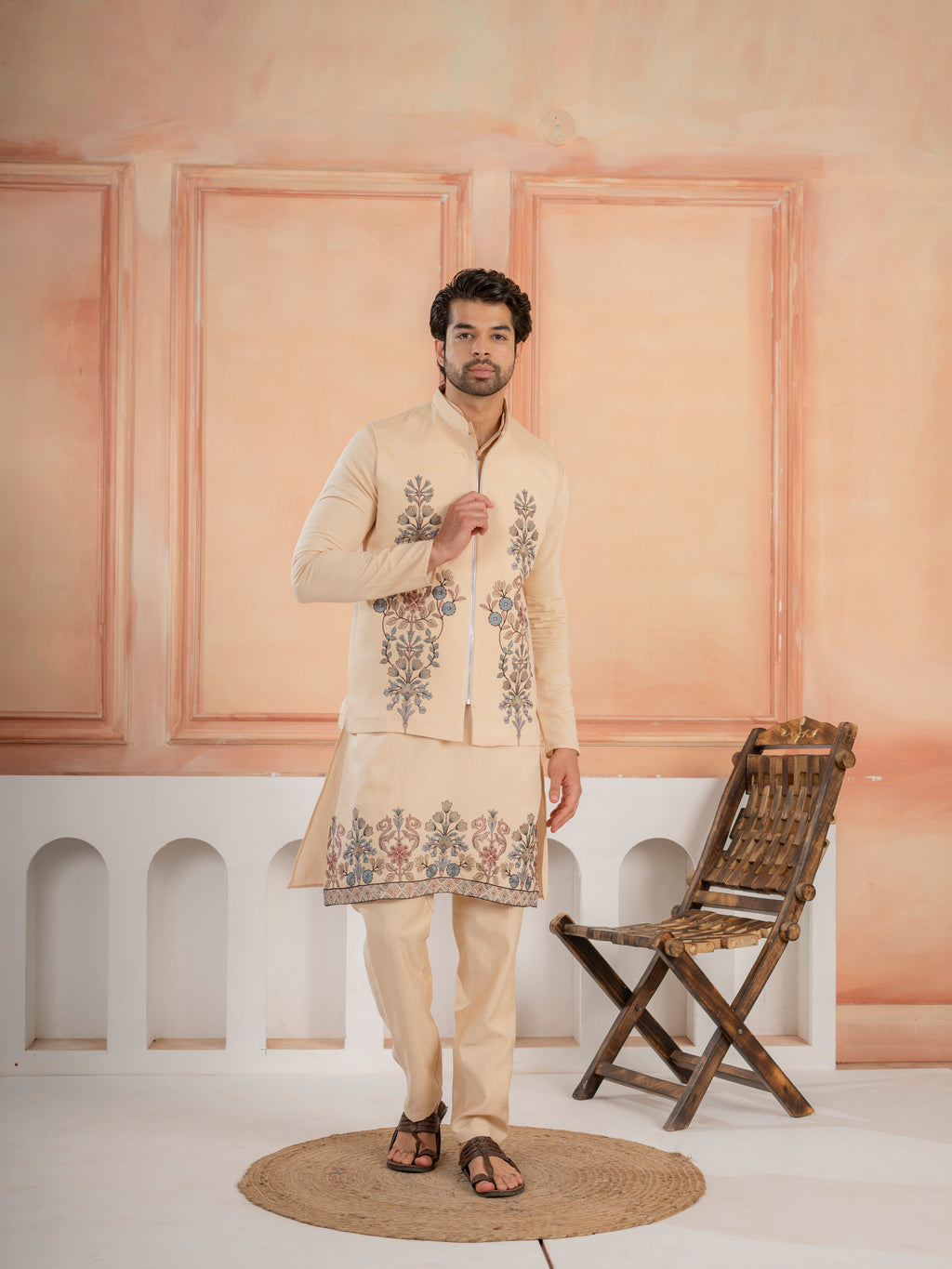 Trendy Beige Wedding Special Koti Kurta Set for Mens Wear