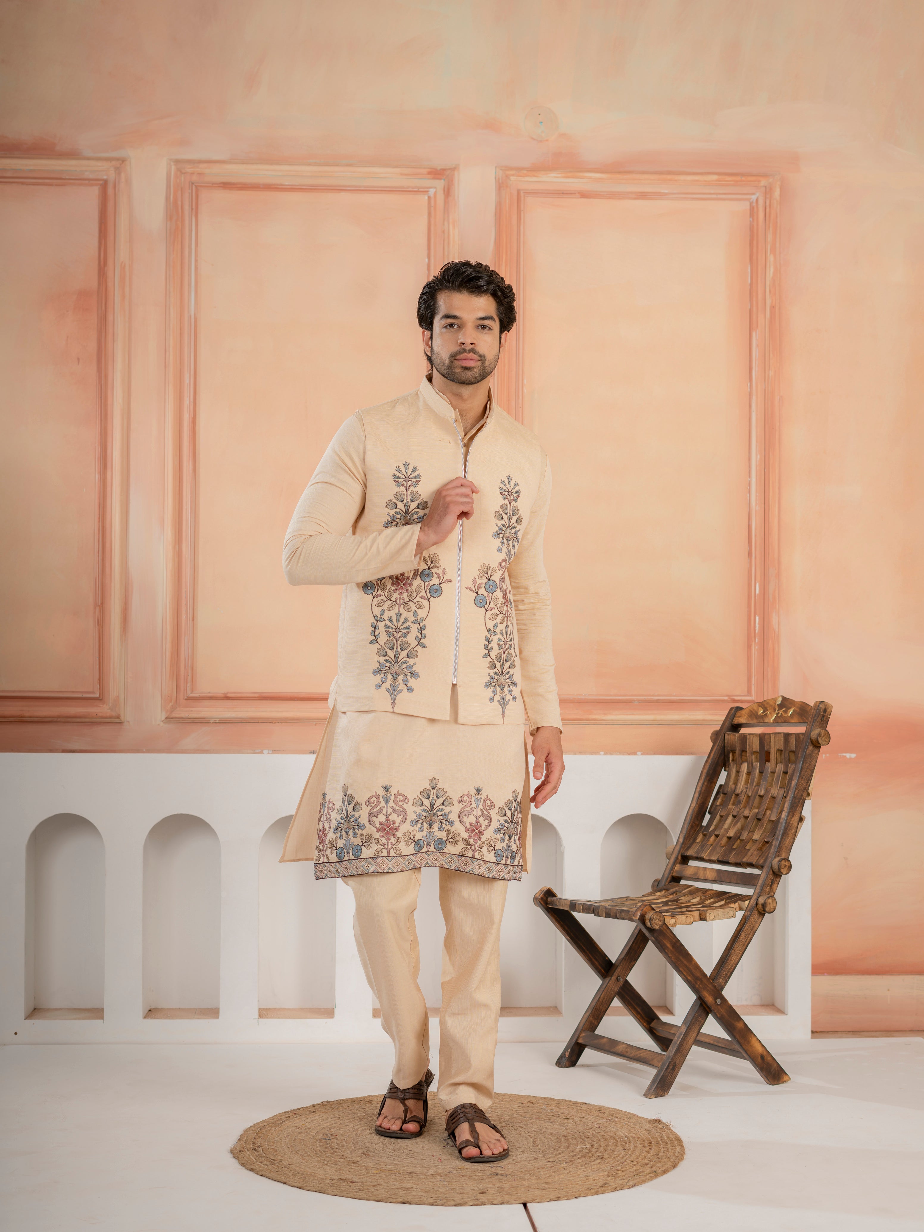 Trendy Beige Wedding Special Koti Kurta Set for Mens Wear