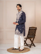 Dark Blue Silk Thread Kurta For Men | Tulip Designer