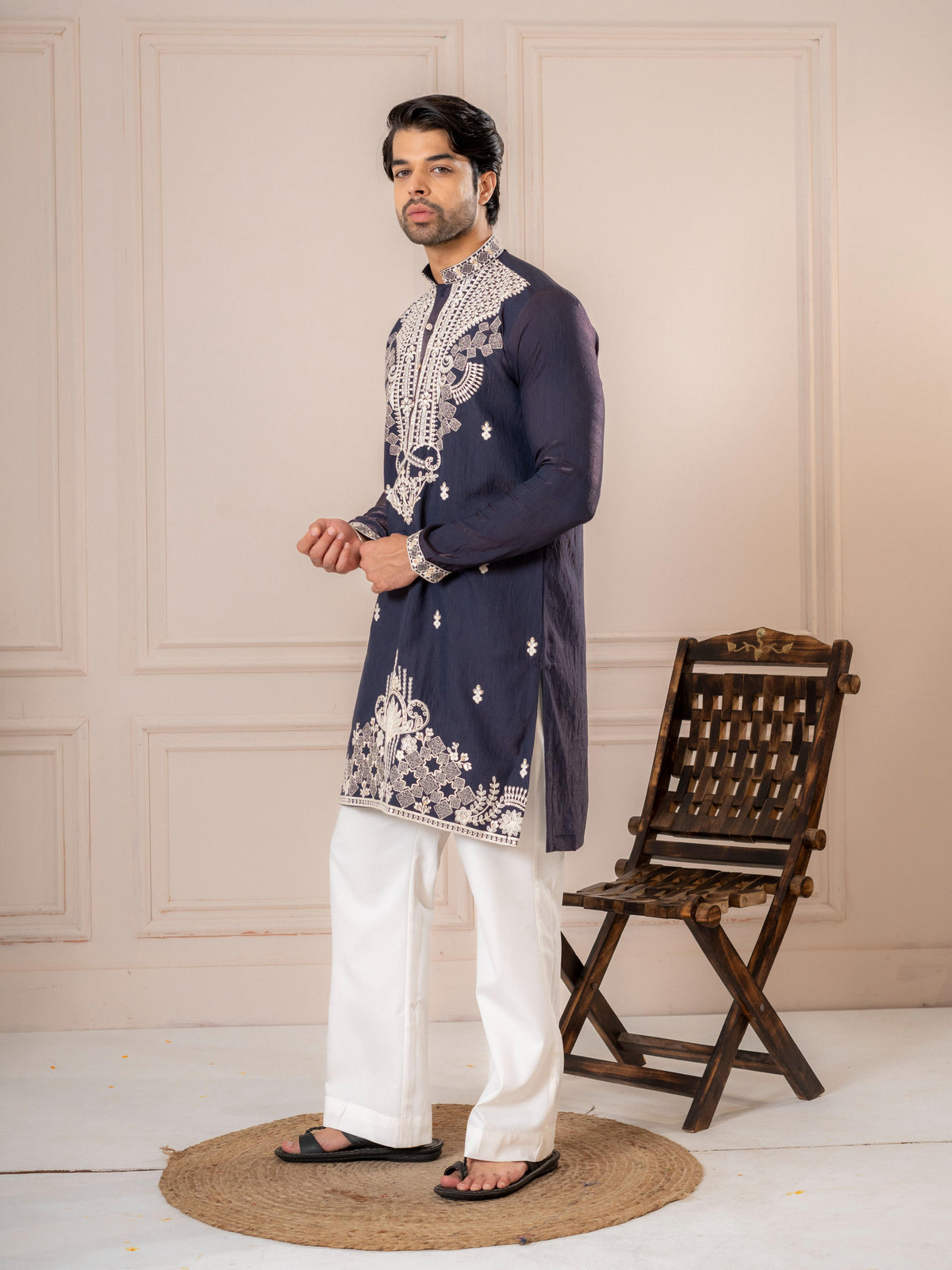 Dark Blue Silk Thread Kurta For Men | Tulip Designer