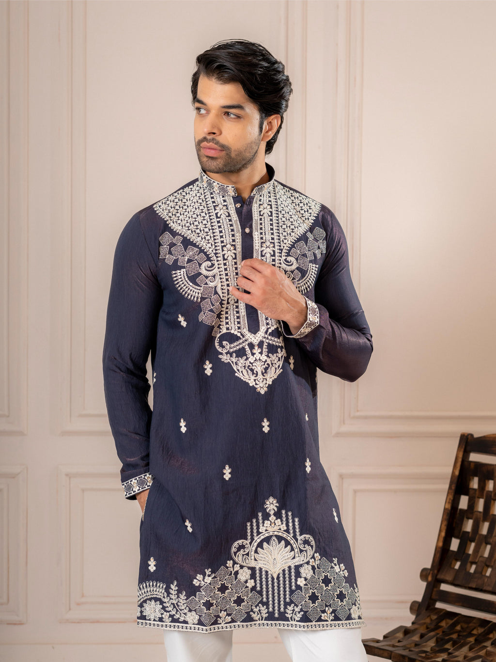 Dark Blue Silk Thread Kurta For Men | Tulip Designer