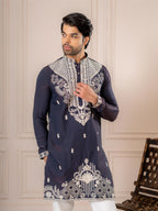 Dark Blue Silk Thread Kurta For Men | Tulip Designer