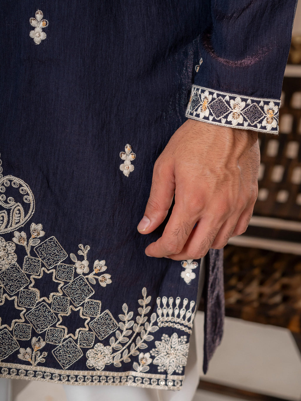 Dark Blue Silk Thread Kurta For Men | Tulip Designer