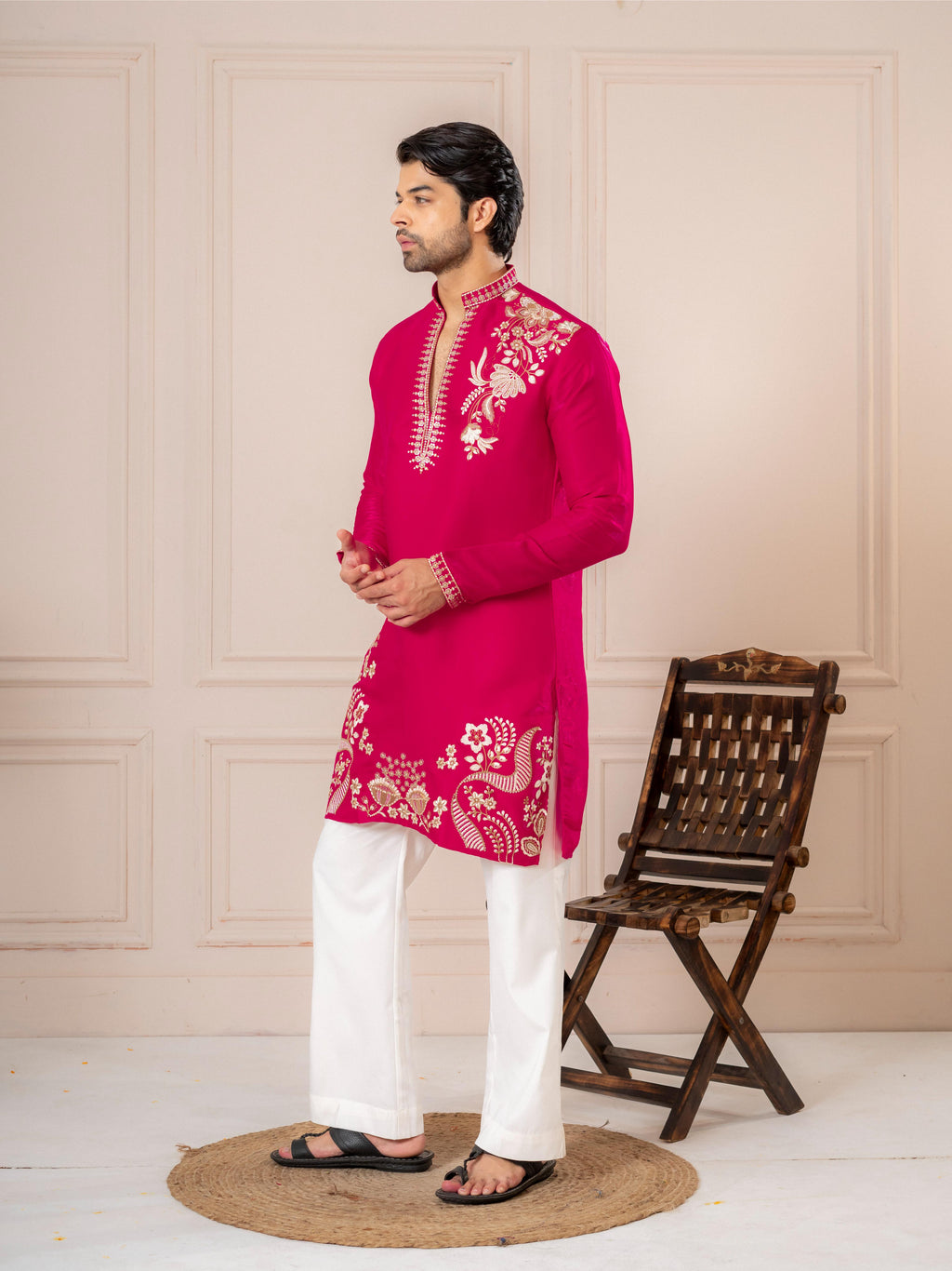 Stylish Rani Pink Roman Silk Kurta Set | Tulip Designer