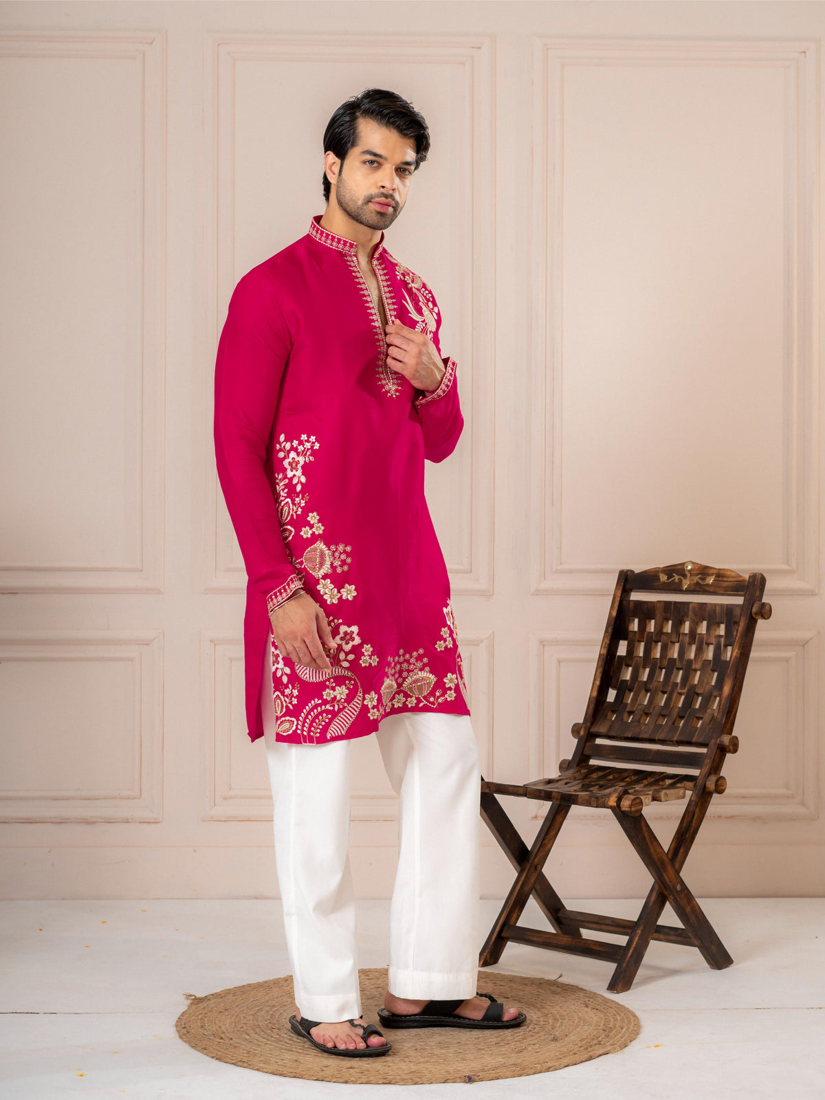 Stylish Rani Pink Roman Silk Kurta Set | Tulip Designer