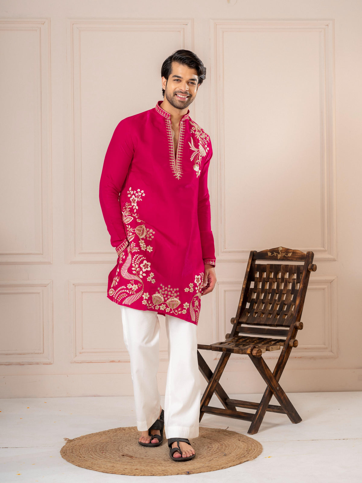 Stylish Rani Pink Roman Silk Kurta Set | Tulip Designer