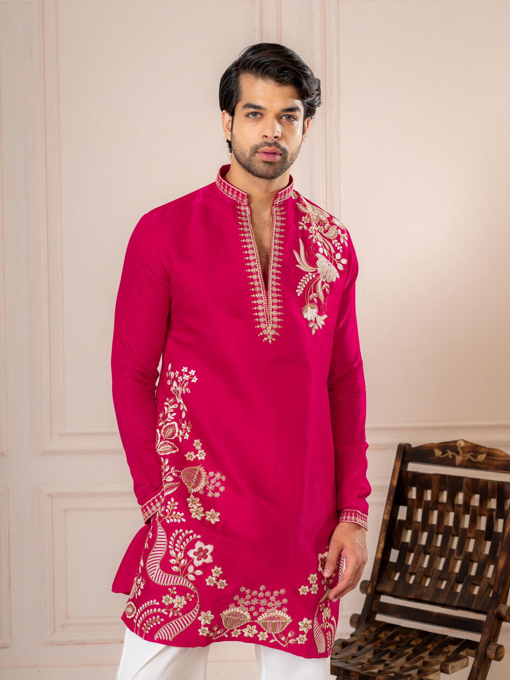 Stylish Rani Pink Roman Silk Kurta Set | Tulip Designer