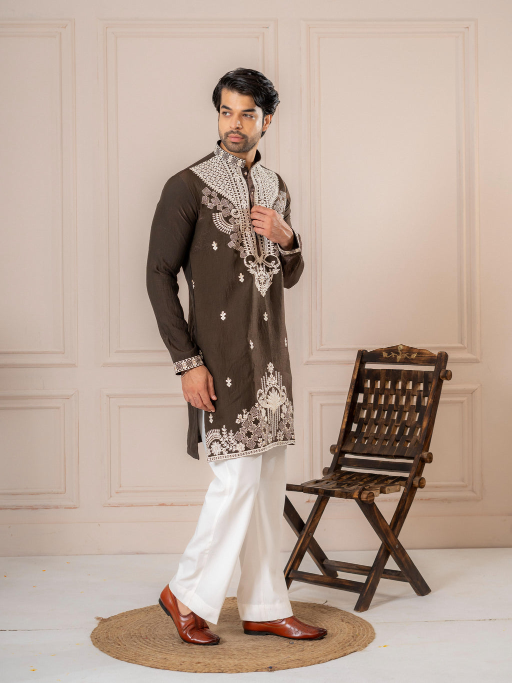 Bold Brown Silk Embroidered Kurta Set | Tulip Designer