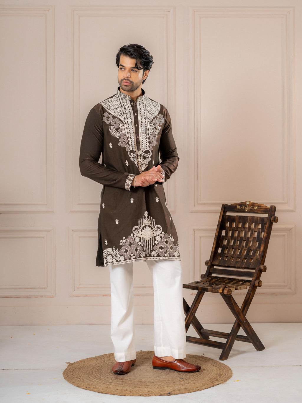 Bold Brown Silk Embroidered Kurta Set | Tulip Designer