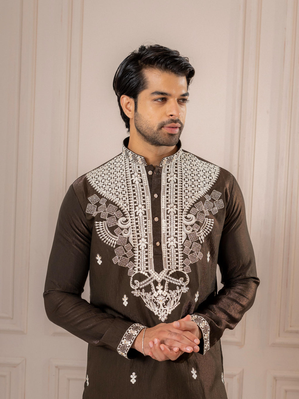 Bold Brown Silk Embroidered Kurta Set | Tulip Designer