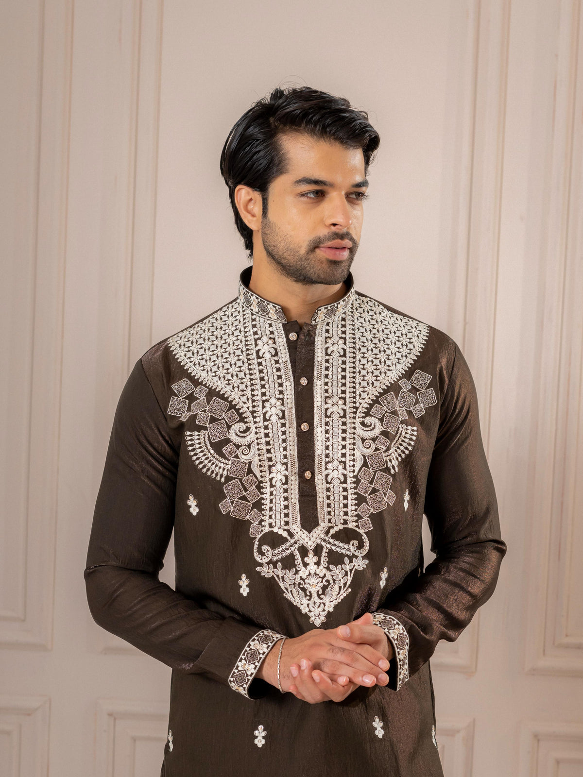 Bold Brown Silk Embroidered Kurta Set | Tulip Designer