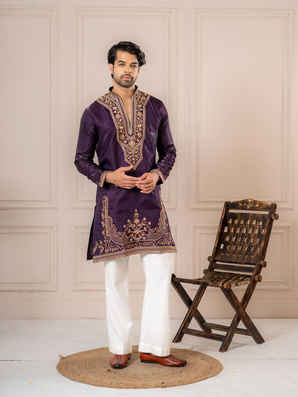 Purple Roman Silk Embroidered Kurta Set | Tulip Designer