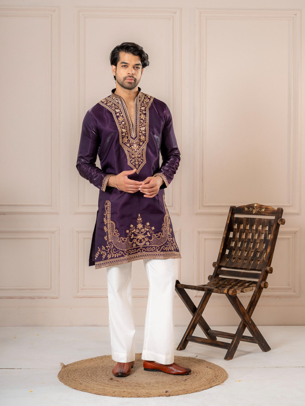 Purple Roman Silk Embroidered Kurta Set | Tulip Designer