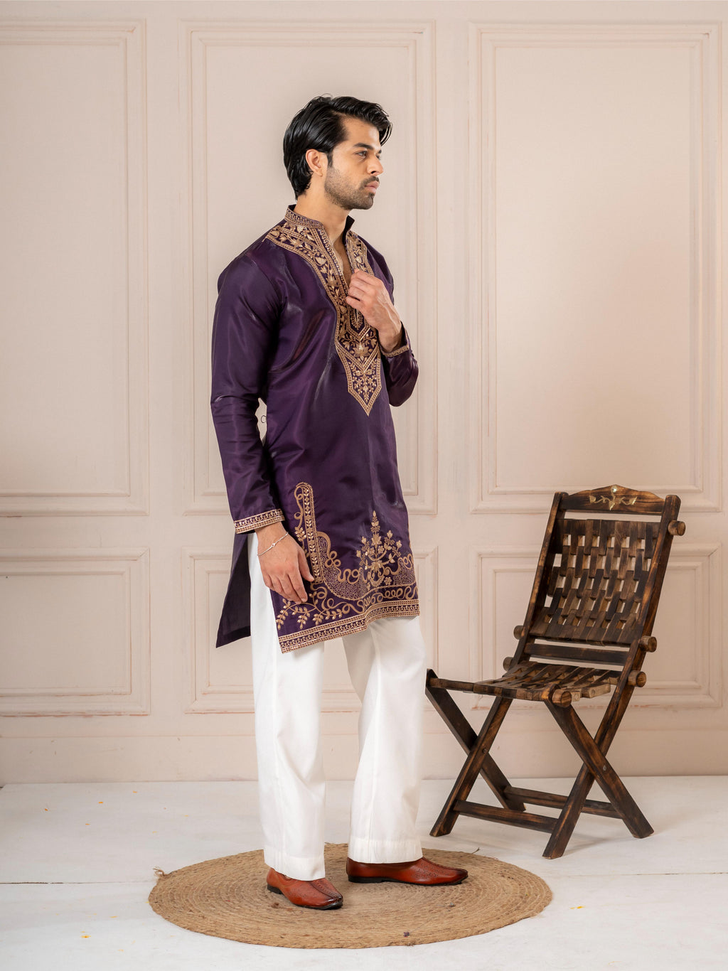 Purple Roman Silk Embroidered Kurta Set | Tulip Designer