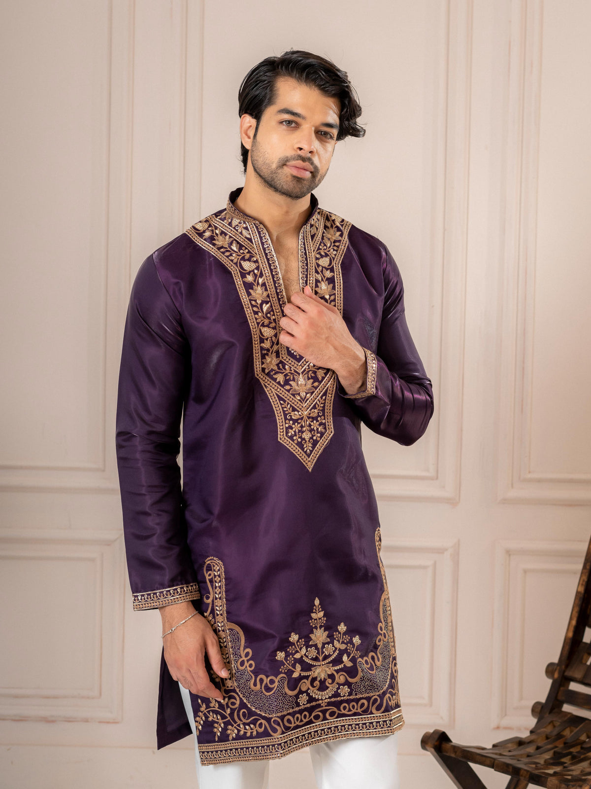 Purple Roman Silk Embroidered Kurta Set | Tulip Designer