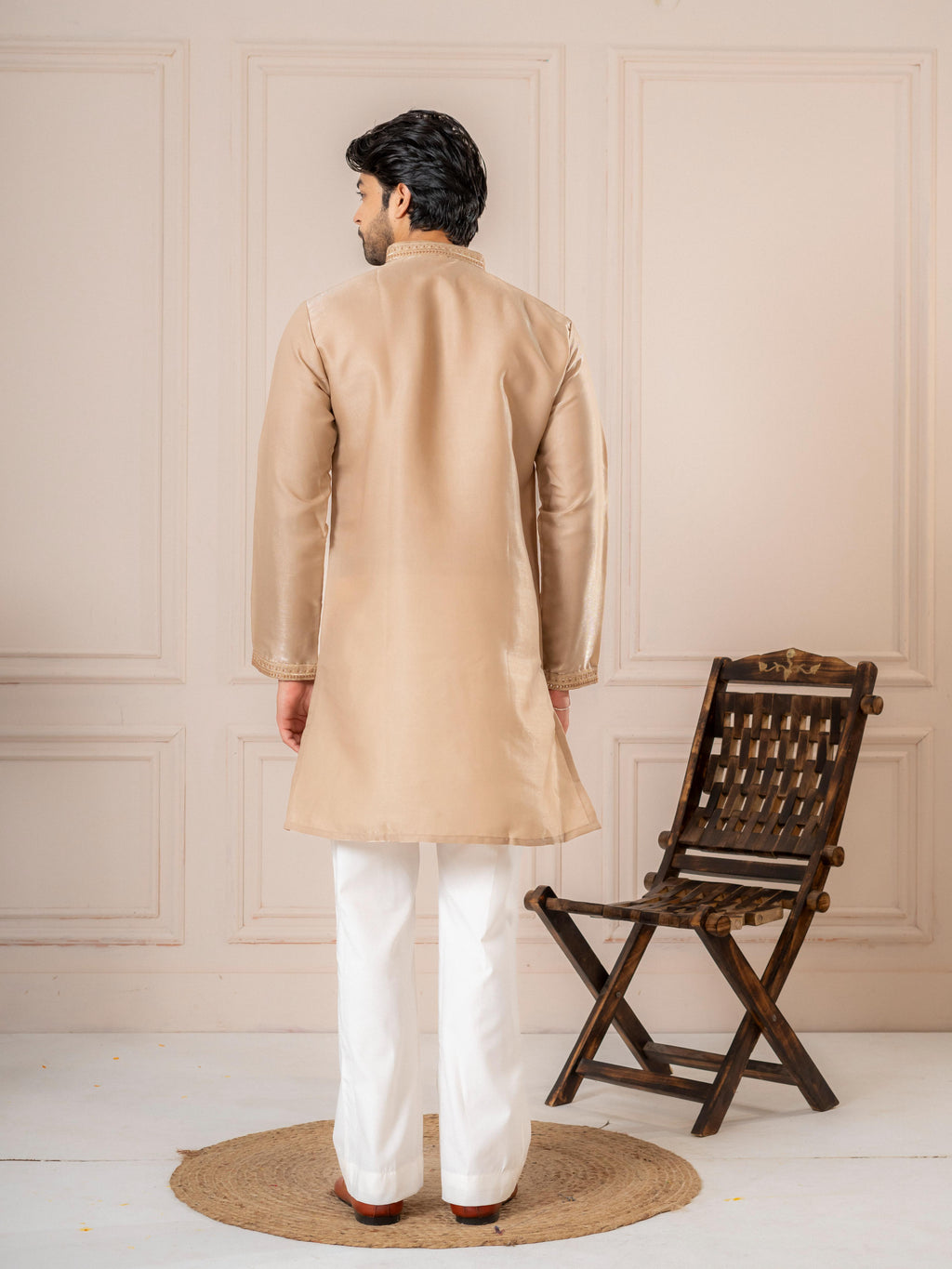 Beige Roman Silk Embroidery Kurta Set | Tulip Designer