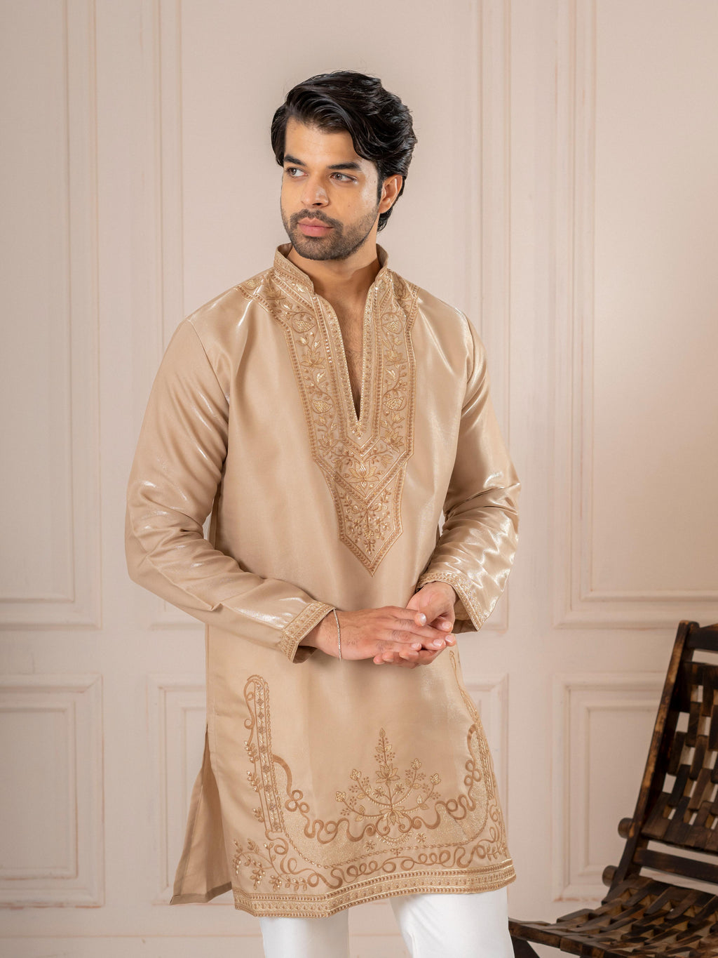 Beige Roman Silk Embroidery Kurta Set | Tulip Designer