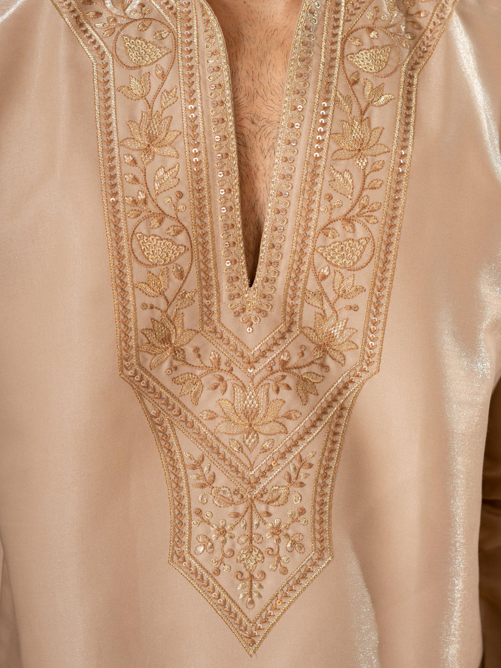 Beige Roman Silk Embroidery Kurta Set | Tulip Designer