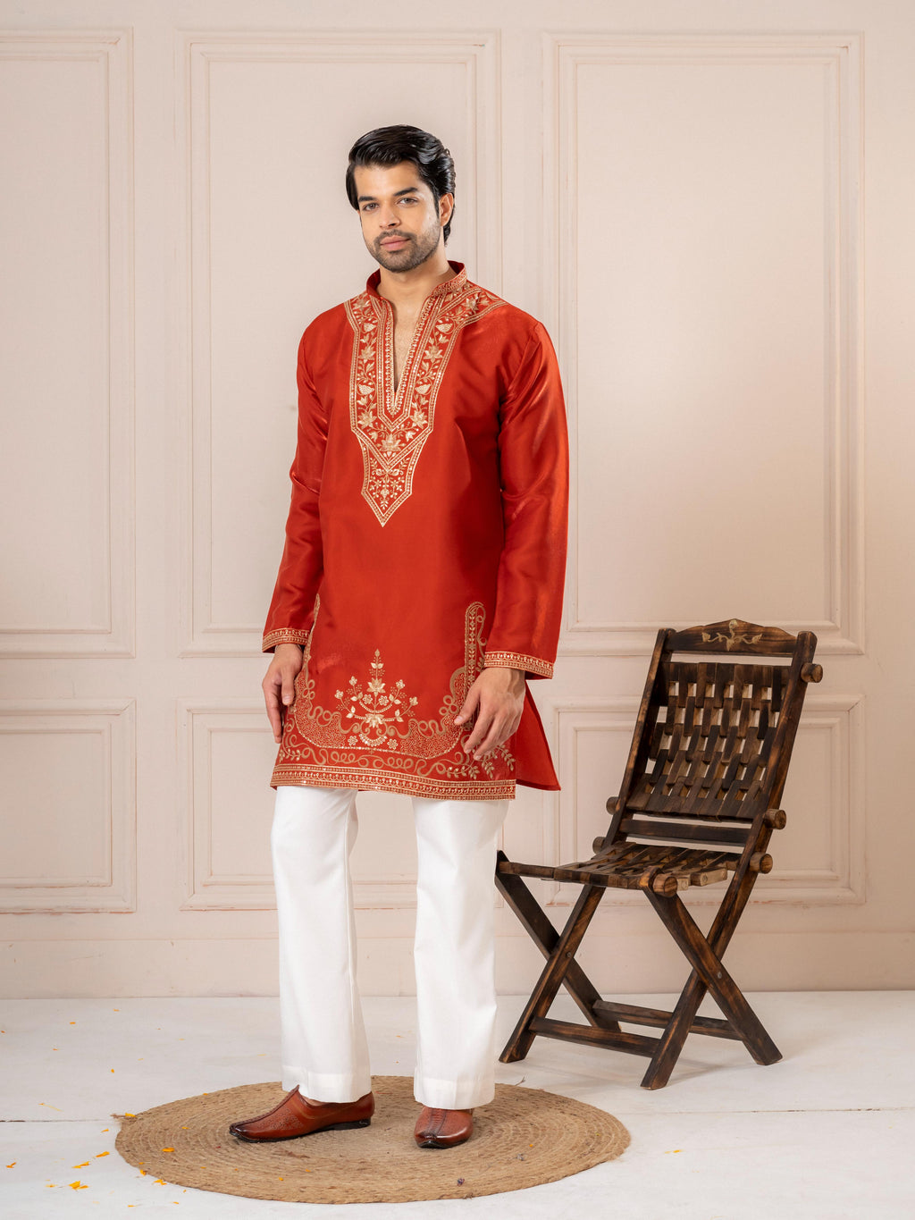 Rust Orange Premium Roman Silk Thread Kurta Set | Tulip Designer