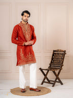 Rust Orange Premium Roman Silk Thread Kurta Set | Tulip Designer