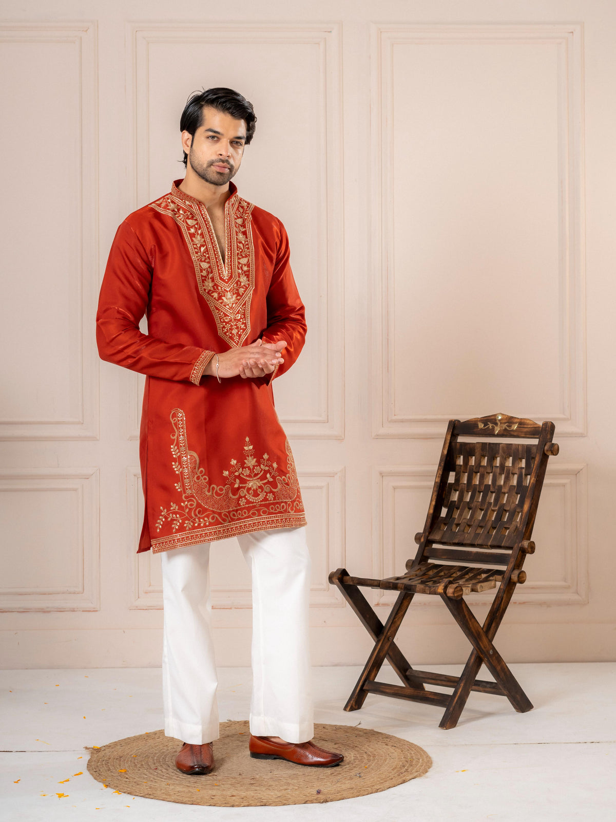 Rust Orange Premium Roman Silk Thread Kurta Set | Tulip Designer