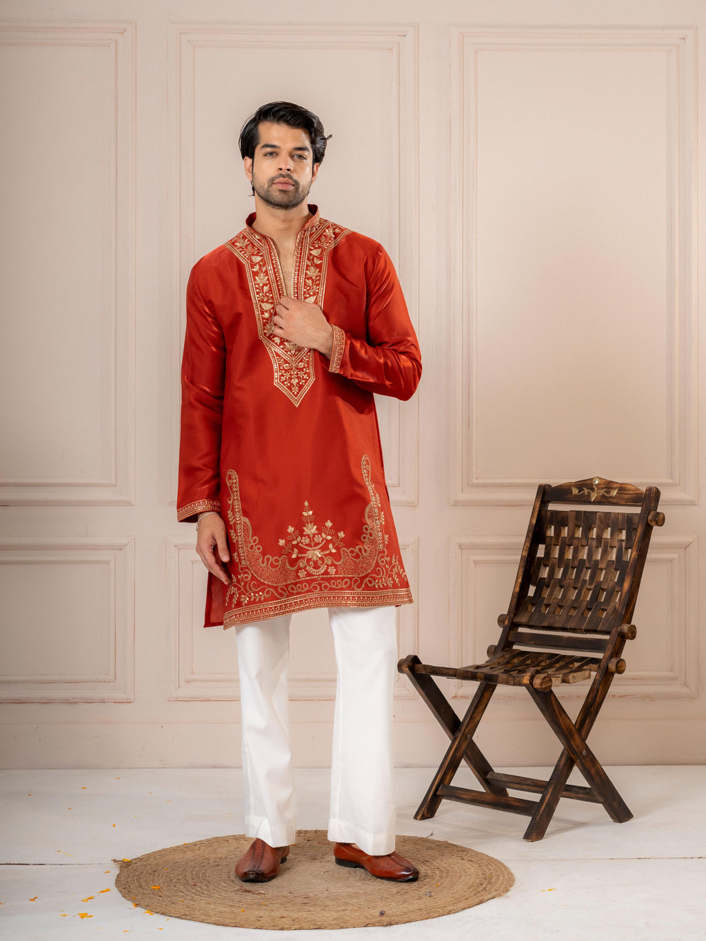Rust Orange Premium Roman Silk Thread Kurta Set | Tulip Designer