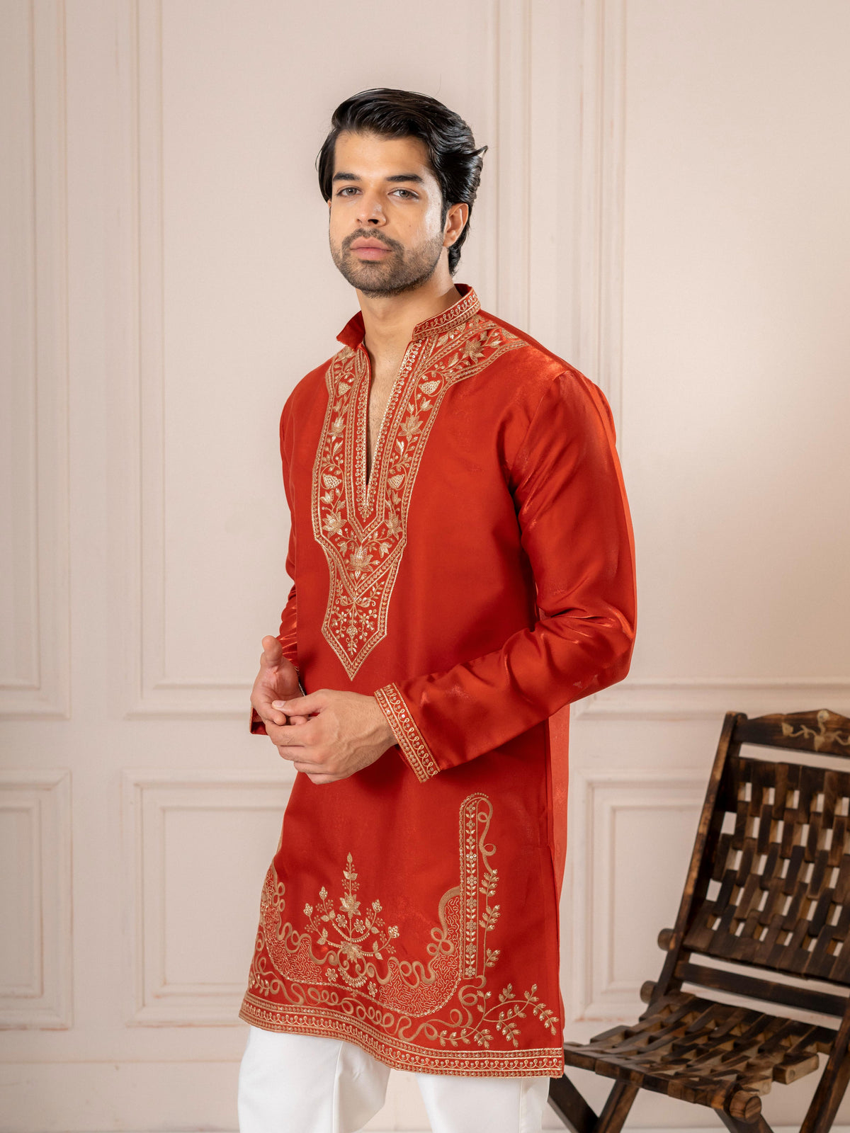 Rust Orange Premium Roman Silk Thread Kurta Set | Tulip Designer
