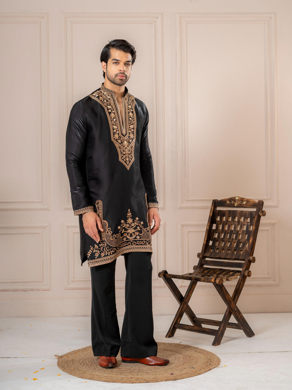 Black Thread Embroidered Kurta For Men| Tulip Designer