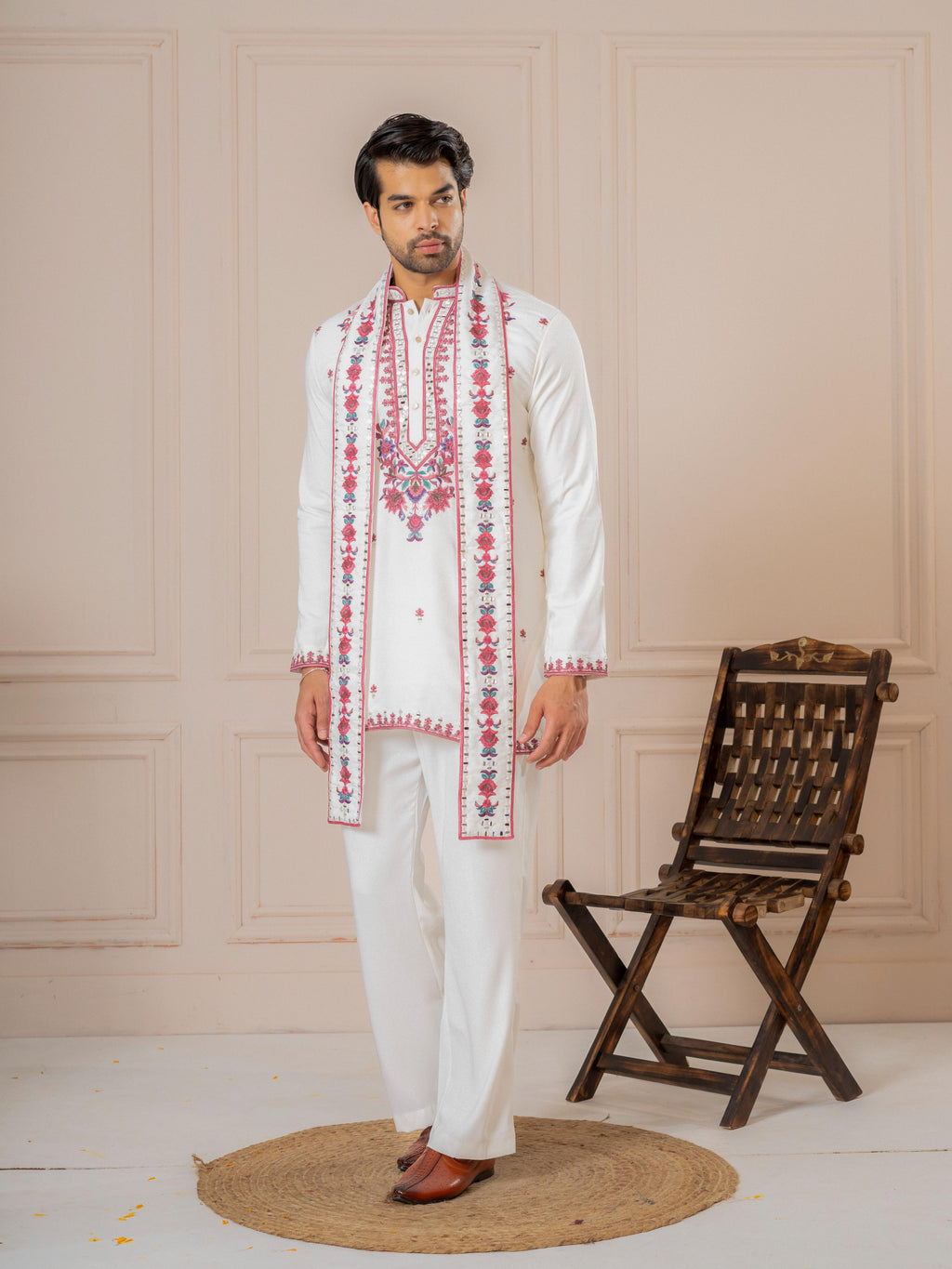 White Armani Embroidery Kurta Dupatta Set | Tulip Designer