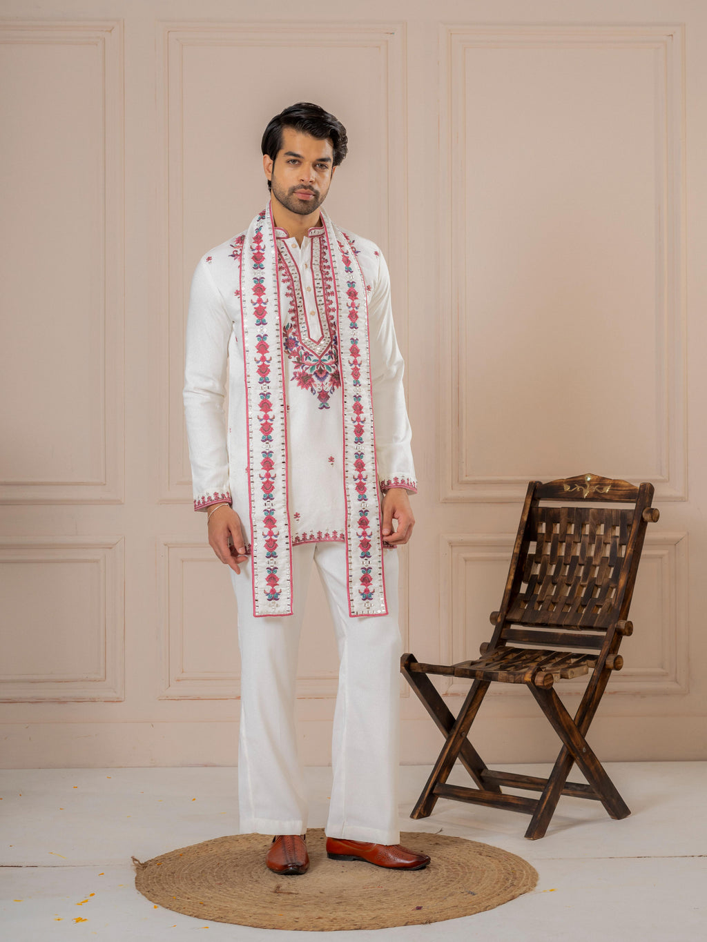White Armani Embroidery Kurta Dupatta Set | Tulip Designer