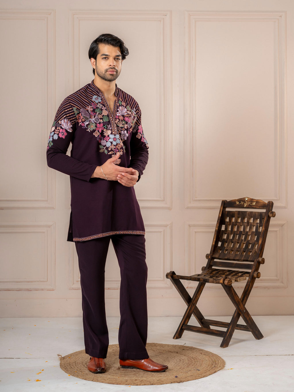 Dark Purple Armani Embroidery Kurta Set | Tulip Designer