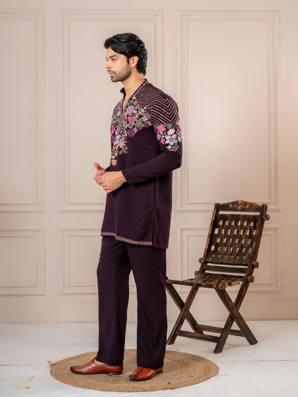 Dark Purple Armani Embroidery Kurta Set | Tulip Designer