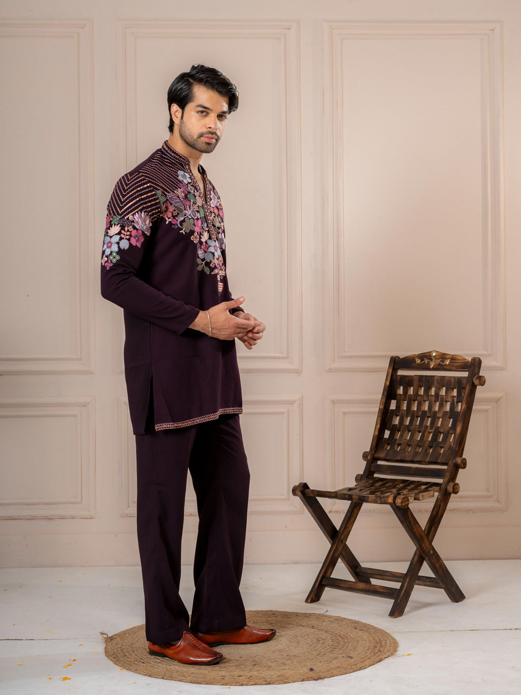 Dark Purple Armani Embroidery Kurta Set | Tulip Designer