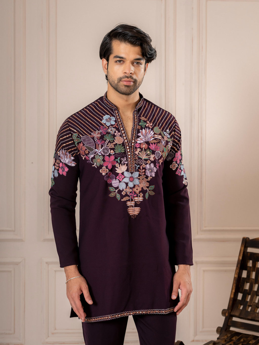 Dark Purple Armani Embroidery Kurta Set | Tulip Designer
