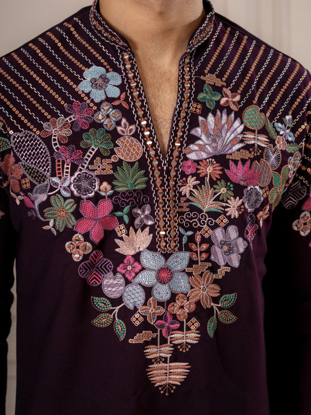 Dark Purple Armani Embroidery Kurta Set | Tulip Designer