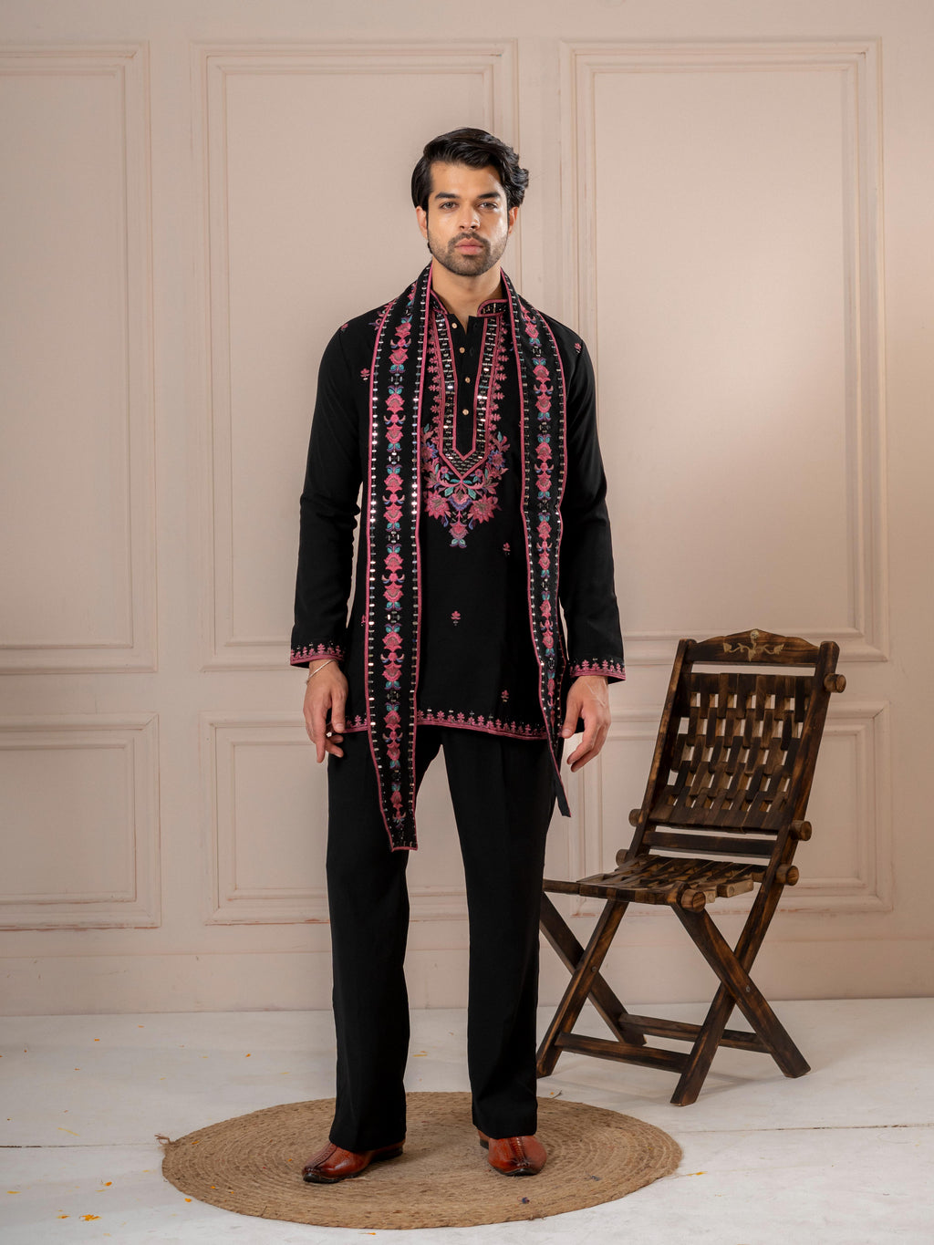 Black Armani Embroidered Kurta Dupatta Set | Tulip Designer