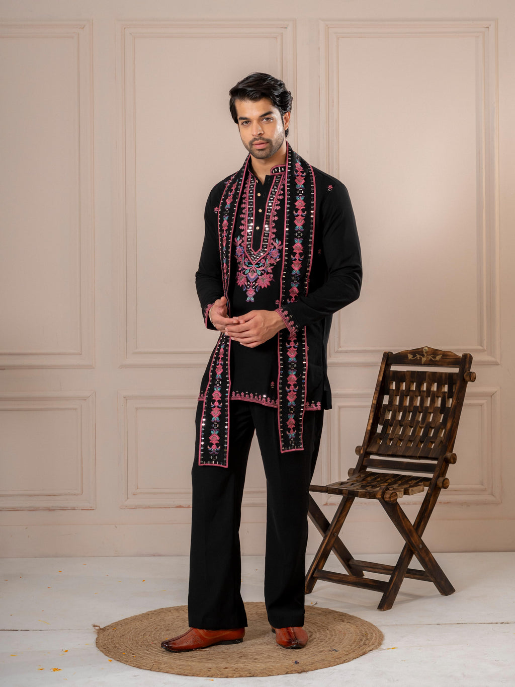 Black Armani Embroidered Kurta Dupatta Set | Tulip Designer