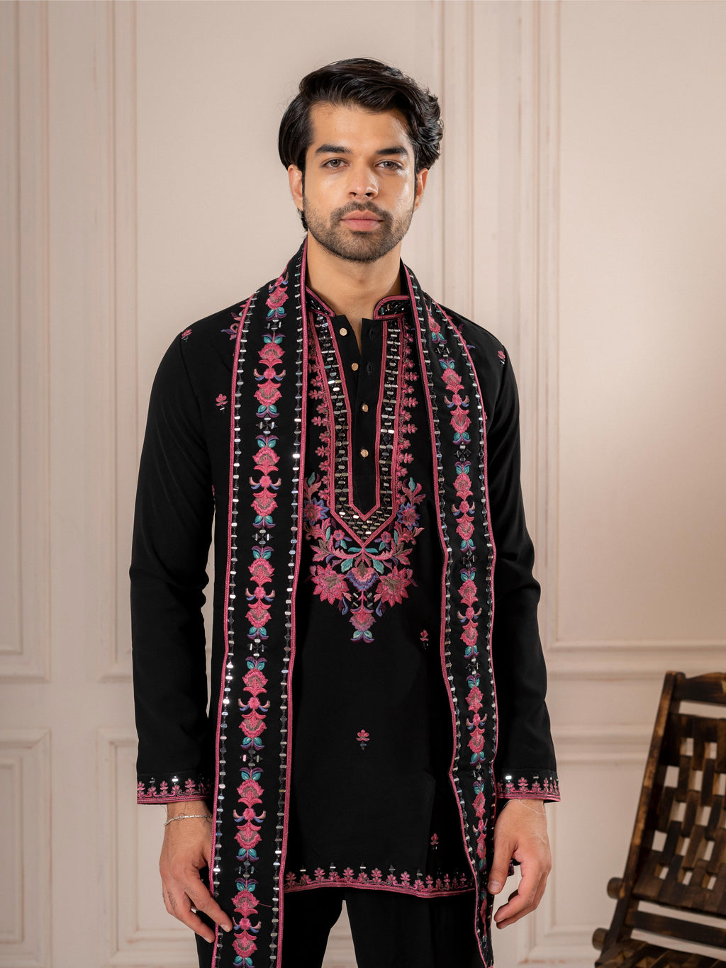 Black Armani Embroidered Kurta Dupatta Set | Tulip Designer