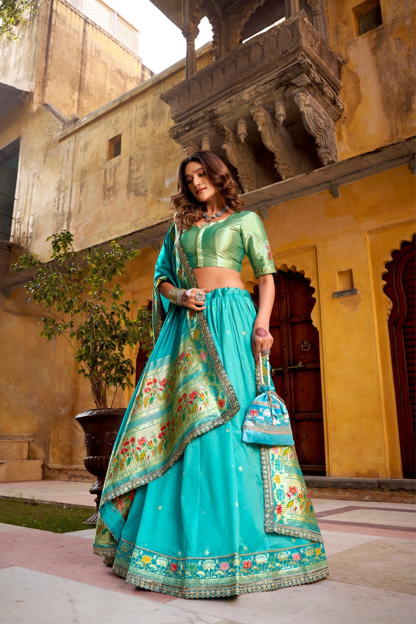 Designer Premium Paithani Soft Silk Zari Weaving Sequins With Thread Embroidery Lehenga Set