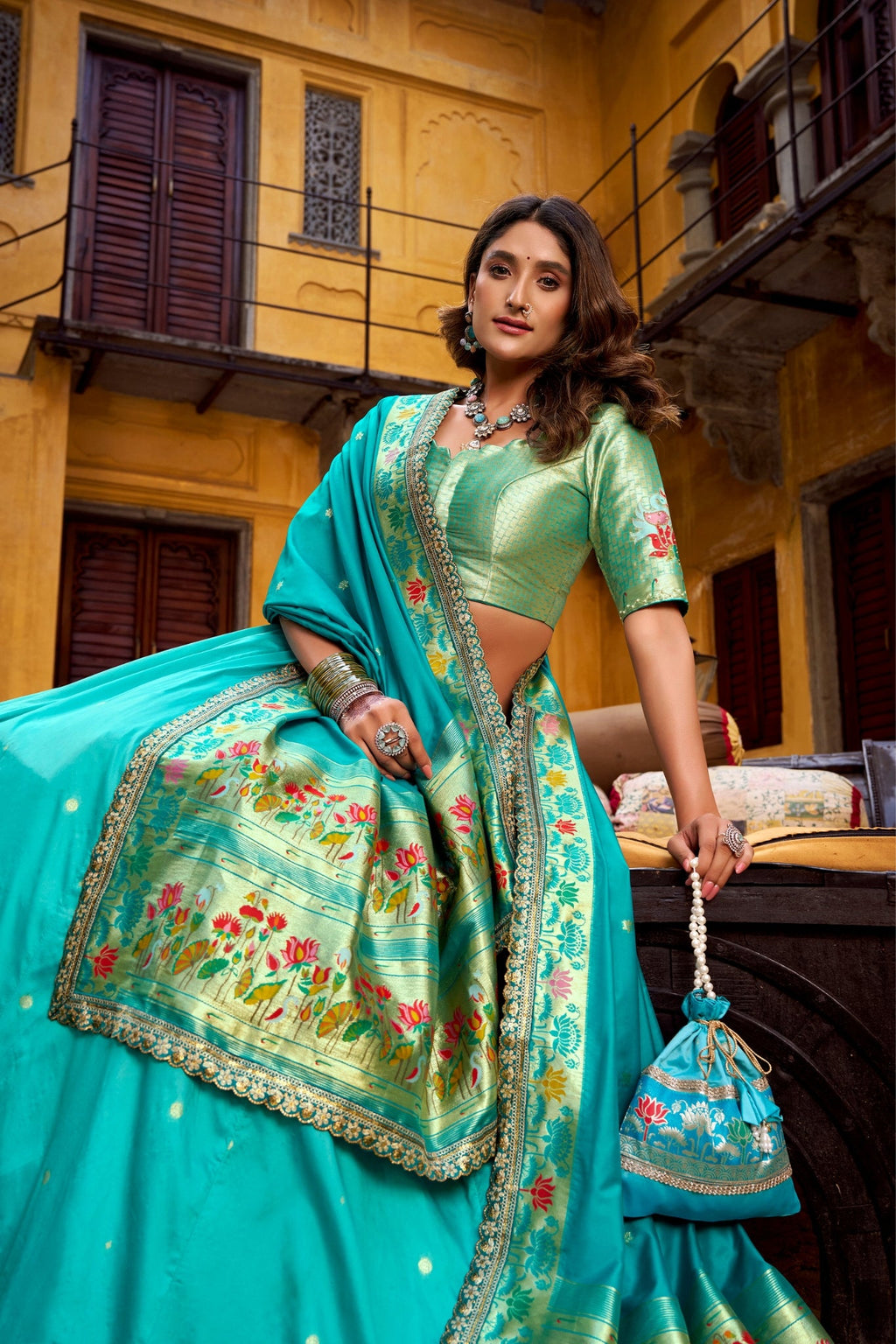 Designer Premium Paithani Soft Silk Zari Weaving Sequins With Thread Embroidery Lehenga Set