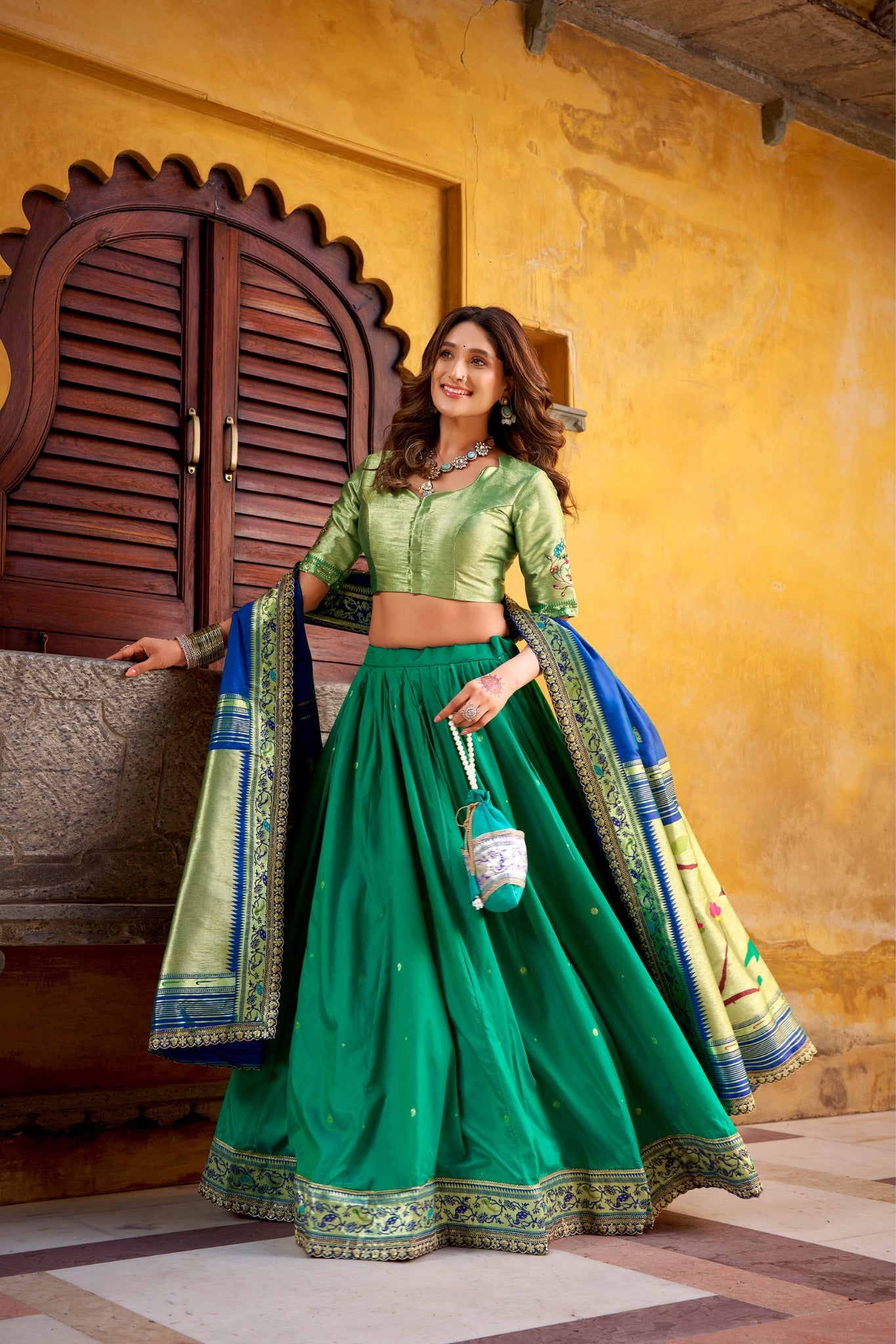 Designer Premium Paithani Soft Silk Zari Weaving Sequins With Thread Embroidery Lehenga Set