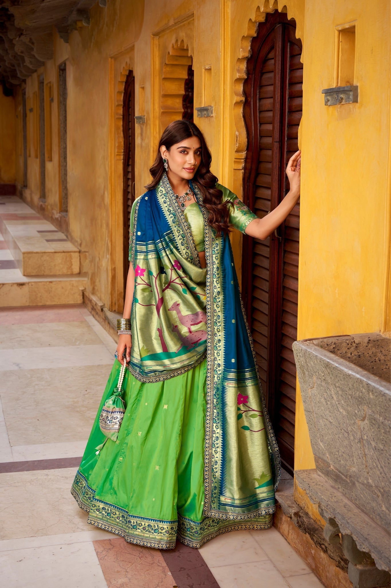 Designer Premium Paithani Soft Silk Zari Weaving Sequins With Thread Embroidery Lehenga Set